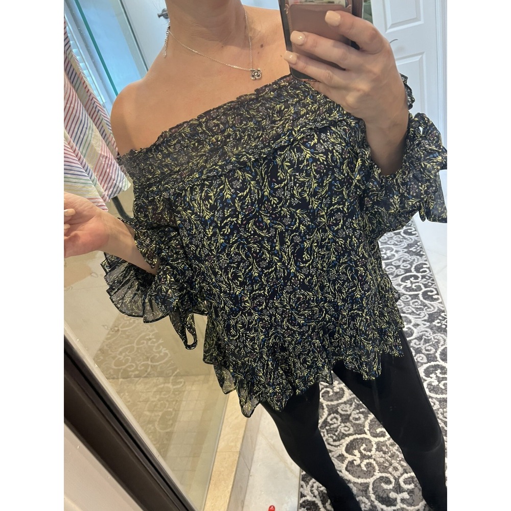 CECE Off The Shoulder Floral Print Blouse Blue Ruffle Hem Small